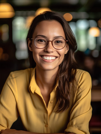 portrait of a beautiful young woman in a bar, wearing glassesの素材