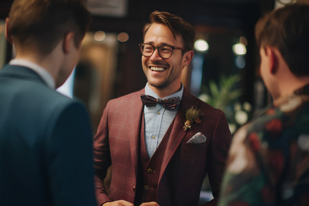 Handsome young man in glasses and bow tie is smiling while talking with his friends in cafeの素材