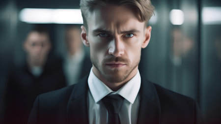 Portrait of serious young businessman looking at camera and standing in officeの素材