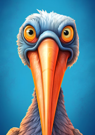 Portrait of a pelican on a blue background. 3d renderingの素材
