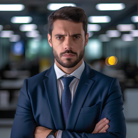 Portrait of handsome businessman with arms crossed looking at camera in officeの素材