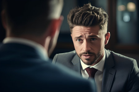 Portrait of a handsome young man in a suit and tie looking at his reflection in the mirror.の素材