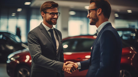 Salesman in a car dealership shaking hands with a customer. Dealership concept.の素材