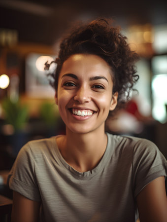 Portrait of beautiful african american woman smiling at camera in cafeの素材