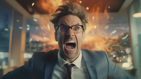 Portrait of a young businessman in a business suit screaming at the camera.の素材