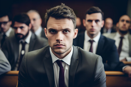 Portrait of serious young businessman looking at camera while sitting in conference hallの素材