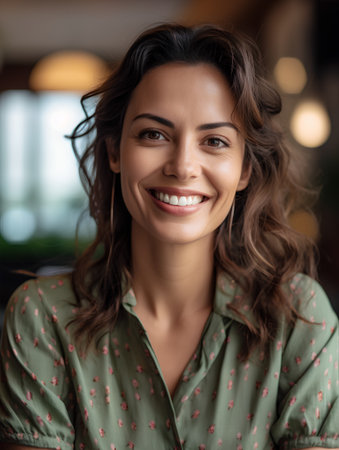 Portrait of beautiful young woman smiling and looking at camera in cafeの素材