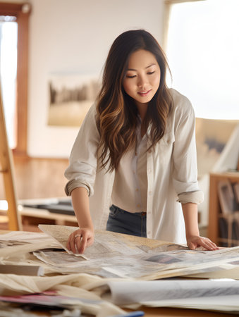 fashion designer working on her designs in studio. asian young womanの素材
