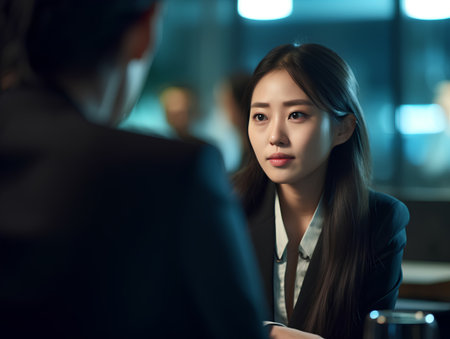 Asian businesswoman talking to her colleague in meeting room at night.の素材