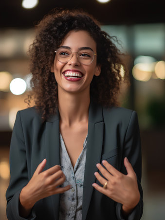 Portrait of a beautiful smiling african american businesswoman wearing glassesの素材