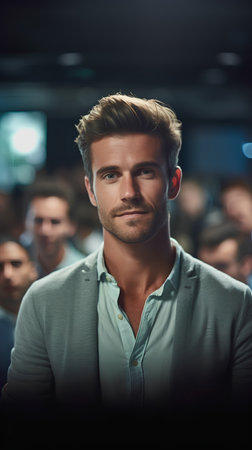 Portrait of handsome young man looking at camera while standing in conference hallの素材