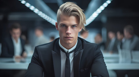 Portrait of young businessman looking at camera while standing in office.の素材