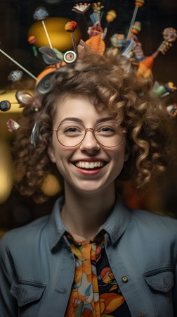 Portrait of a smiling girl with curly hair and eyeglassesの素材