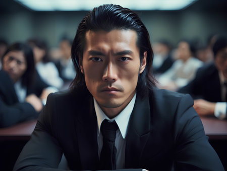 Portrait of serious Asian businessman looking at camera while sitting in conference hallの素材