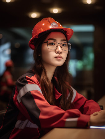 Portrait of a beautiful young Asian woman in a red helmet and glasses sitting in a cafe.の素材