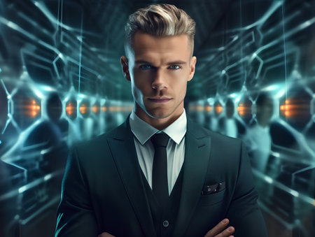 Portrait of a handsome blond man in a business suit over futuristic background.の素材
