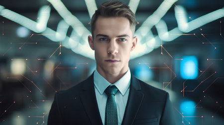 Portrait of a young businessman in a dark office interior with glowing linesの素材