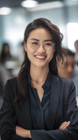 portrait of smiling asian businesswoman in eyeglasses in officeの素材