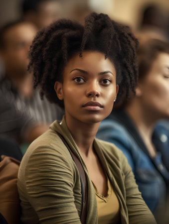 Portrait of a young african american woman in a conference hallの素材