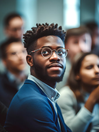 Young african american man in eyeglasses looking at camera while standing in conference hallの素材