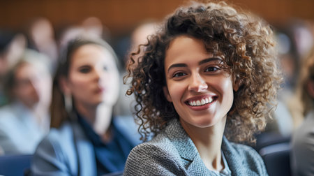 Portrait of smiling businesswoman with curly hair looking at camera in conference hallの素材