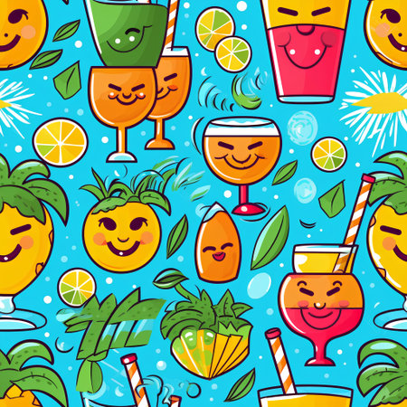 Seamless pattern with funny tropical fruits and cocktails. Vector illustrationの素材
