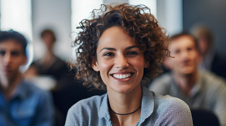 Portrait of a smiling businesswoman standing in an office with colleagues in the backgroundの素材