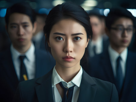 Portrait of young Asian businesswoman looking at camera with colleagues in backgroundの素材