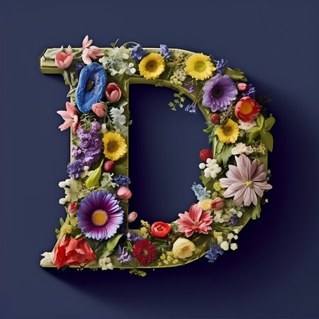 Floral capital letter D, uppercase capital letter decorated with flowersの素材
