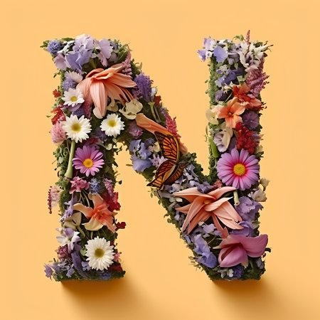 Letter N made of flowers and butterflies on yellow background. Floral alphabetの素材