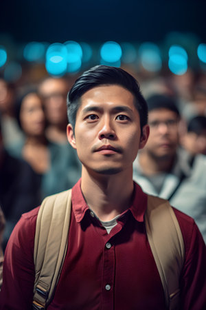 Portrait of a handsome asian man looking at camera in the nightの素材