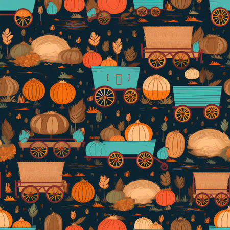 Seamless pattern with pumpkins, wagons, hay bales.の素材