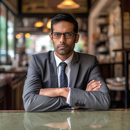 Portrait of a handsome Indian businessman wearing suit and glasses in a coffee shop.の素材