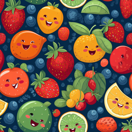 Cute seamless pattern with funny fruits and berries. Vector illustration.の素材