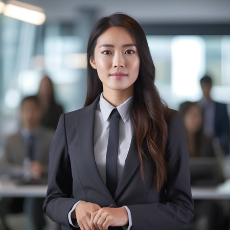 Portrait of asian businesswoman in office with colleagues in the backgroundの素材