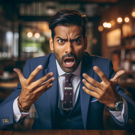 Portrait of a handsome young man in a blue suit sitting at a table in a cafe and screaming.の素材