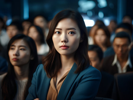 business, people and technology concept - close up of young asian businesswoman with group of people in conference hallの素材