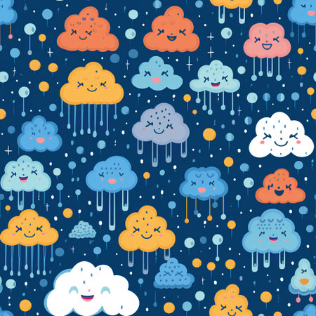 Seamless pattern with cute cartoon clouds and rain. Vector illustrationの素材