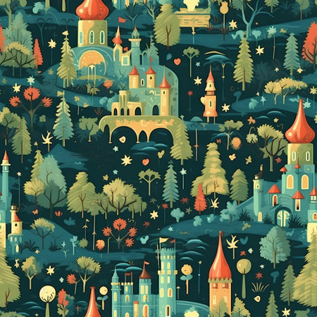 Seamless pattern with cartoon castle in forest. Vector illustration.の素材