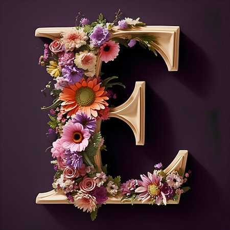 Floral letter E with flowers on a purple background. 3d renderの素材