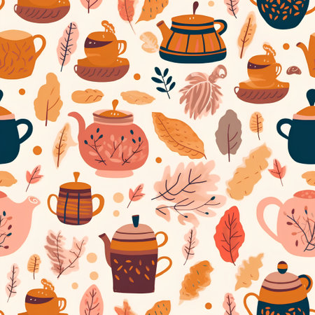 Seamless pattern with teapots, cups, teacups and leaves.の素材