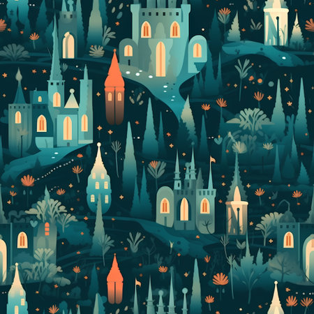 Seamless pattern with medieval castles in the night. Vector illustrationの素材