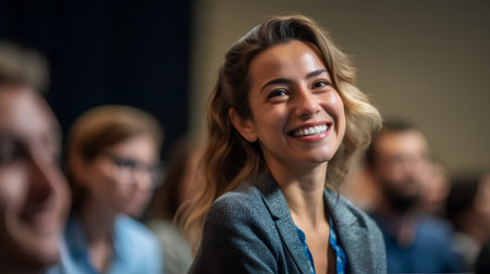 Portrait of smiling businesswoman looking at camera while standing in conference hallの素材