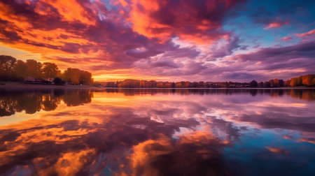 Dramatic sunset over the lake with clouds reflected in the waterの素材