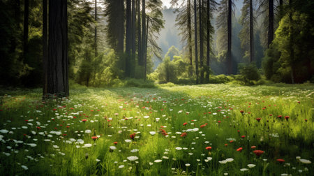 Beautiful spring meadow with poppies and pine trees.の素材