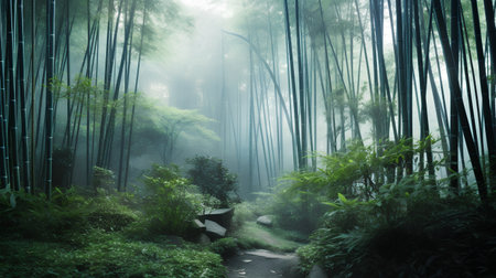 Pathway through the bamboo forest on a foggy day in Asiaの素材