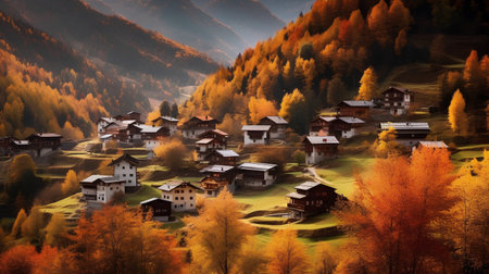 Colorful autumn alpine landscape with traditional swiss wooden houses.の素材
