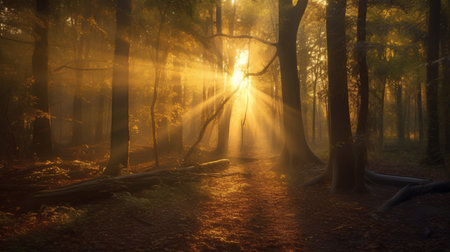 Autumn forest with sun rays in the morning. Nature composition.の素材