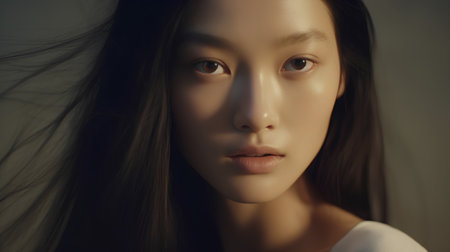 beautiful young asian woman with long hair, face closeupの素材