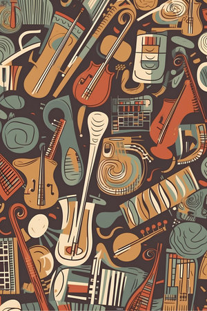 Music seamless pattern with musical instruments. Vector illustration in cartoon style.の素材